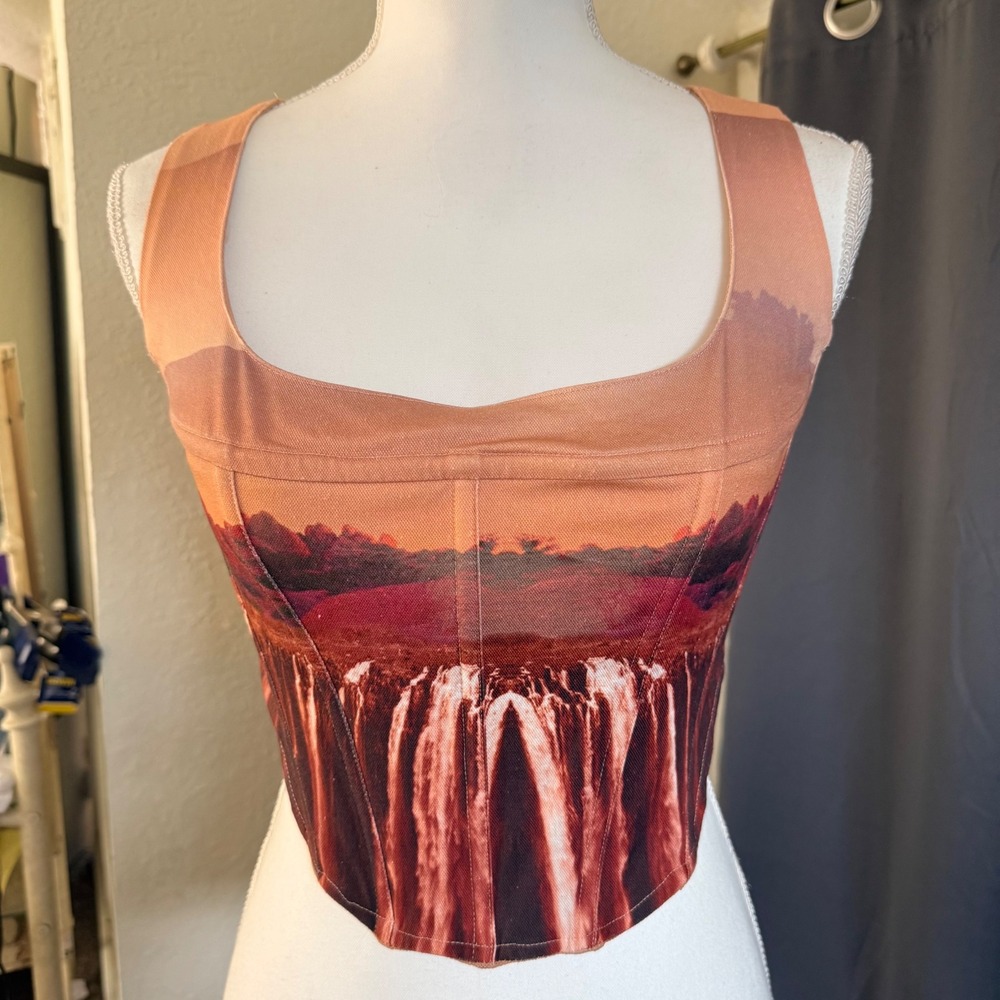 Miaou Campbell Oasis Corset Top Large Orange Desert Waterfall Landscape Boned - Picture 4 of 16